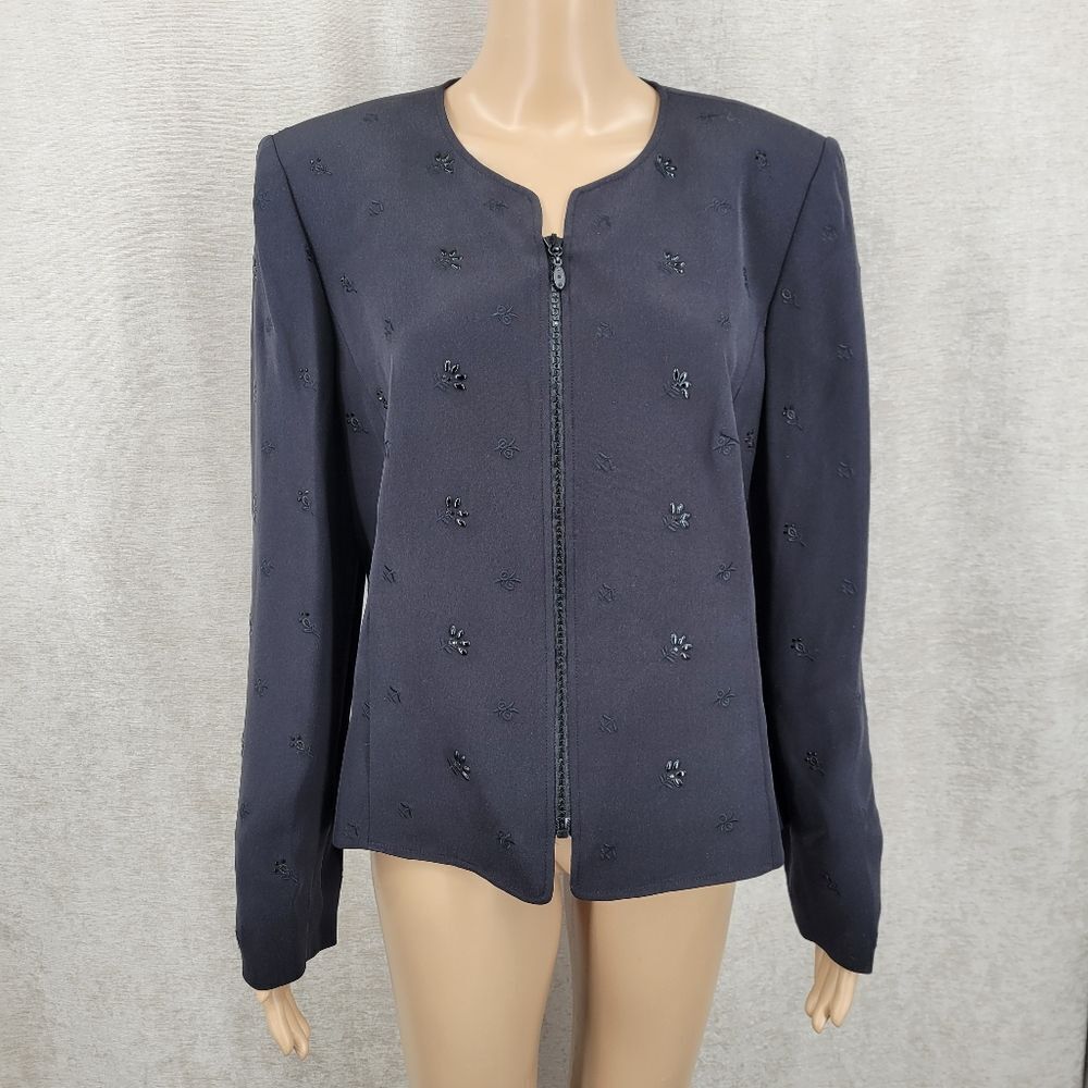 Preston & York Silk Black Embellished Women's Blazer Zipper Jacket